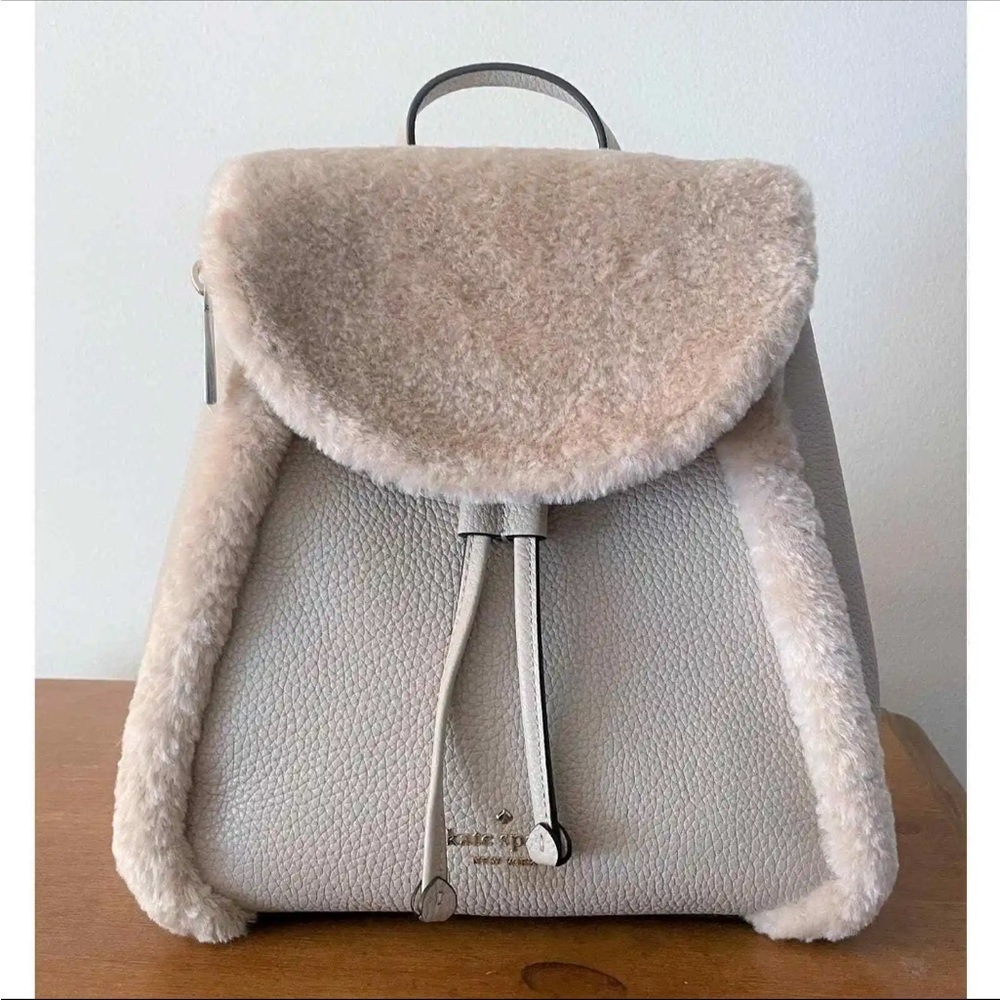 Kate Spade Leila Leather and Faux Shearling Backpack RARE in “light sand” - Picture 4 of 12